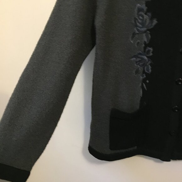 Lavena Black and Grey Embroidered Nubby Button Down Dark Cottage Cardigan - Picture 7 of 15